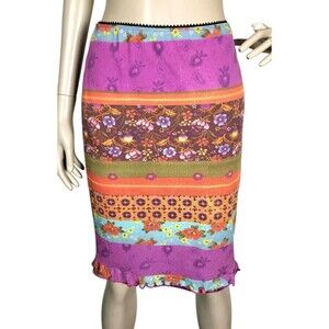 Vintage 90s Y2K Maria Bonita Mixed Media Colorful Ruffle Hem Pencil Skirt S/M